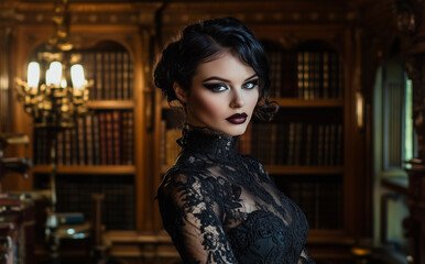 Glamorous Woman in Gothic-Inspired Lace Dress and Dark Aesthetic Makeup Captured in Majestic Library Setting with Retro Atmosphere and Dramatic Shadows.