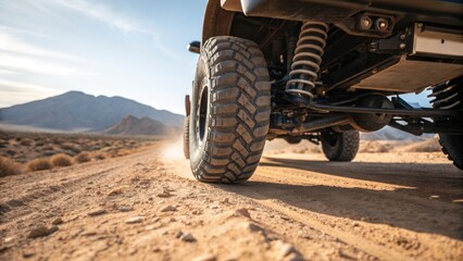 An off-road vehicle travels on a dusty dirt road. The suspension and tires are visible as the vehicle moves across the desert landscape. Mountains are seen in the distance