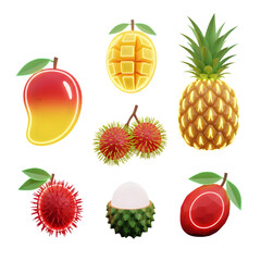 A collection of six different types of tropical fruits displayed on a black background illustration