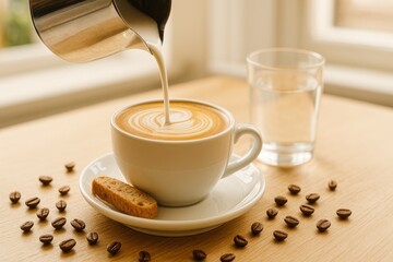 Milk is being poured from a stainless steel pitcher into a cup of coffee. Coffee beans, a biscotti, and a glass of water sit on the wooden table near a bright window