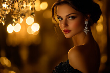 Glamorous Woman in Sophisticated Black Gown and Sparkling Diamond Jewelry Posing Gracefully in High-End Upscale Venue.