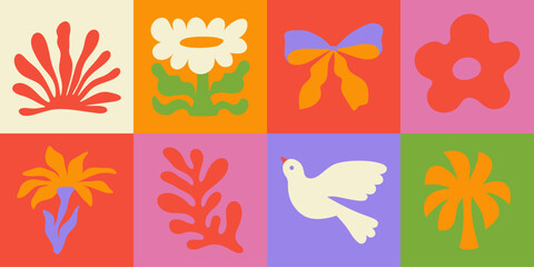 Vector shapes  in simple floral wavy and groovy naive style, ocean and vacation theme,  flowers and plants, floral botanic hand drawn design templates, modern art prints, surface design