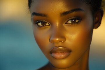 Gorgeous Close-Up of a Model with Luminous Complexion, Minimalist Makeup, and Effortless Hair in a Blurred Outdoor Setting.