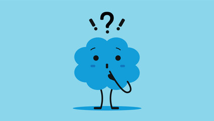 cute confused blue cartoon brain character with question marks on light blue background	