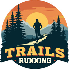 Silhouette of a trail runner on a winding forest path with sunset in the background, in a vintage trails running badge.
