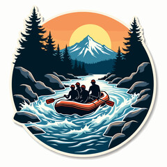 Obraz premium Group of four people rafting on whitewater river with bright sunset and pine trees, in dynamic circular sticker design.