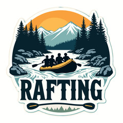 Rafting badge with group paddling through rocky river surrounded by pine trees and snowy mountain at sunset, in a sticker style.
