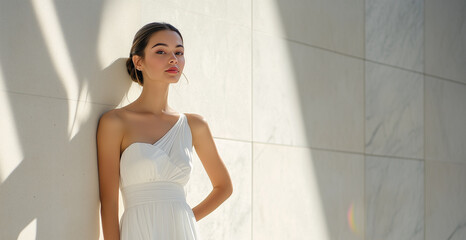 Graceful Fashion Model in a Minimalist White Dress Posing Elegantly Against a Clean Modern Architectural Backdrop.