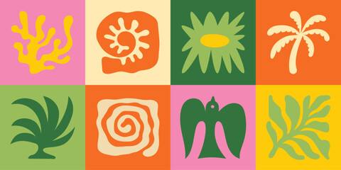 Vector shapes in simple floral wavy and groovy naive style, ocean and vacation theme, flowers and plants, floral botanic hand drawn design templates, modern art prints, surface design