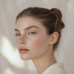 Graceful Fashion Model with Radiant Complexion and Minimal Makeup in a Clean White Background Studio with Sleek Updo Hairstyle.