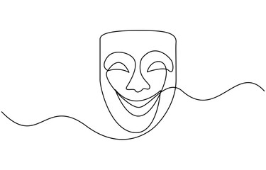Greek mask one line drawing, opera event symbols continuous hand drawn, mask one line vector isolated design element, opera event symbols continuous hand drawn.