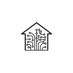 A simple, outlined house logo with intricate circuit board design inside, representing smart home technology.