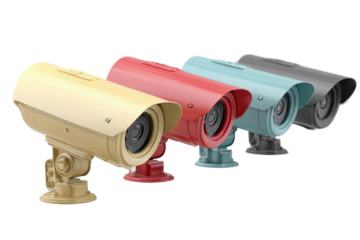 Row of four different colored security cameras. transparent background