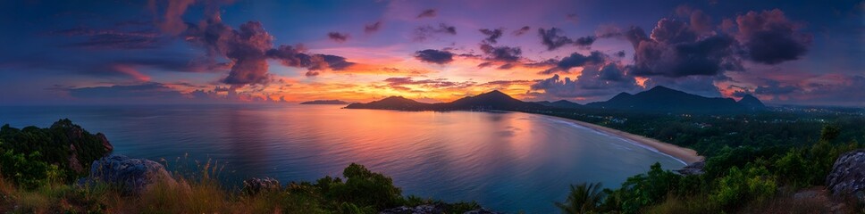 Fototapeta premium 8k Panoramic view of a colorful sunset over the sea with mountains in Thailand, banner 