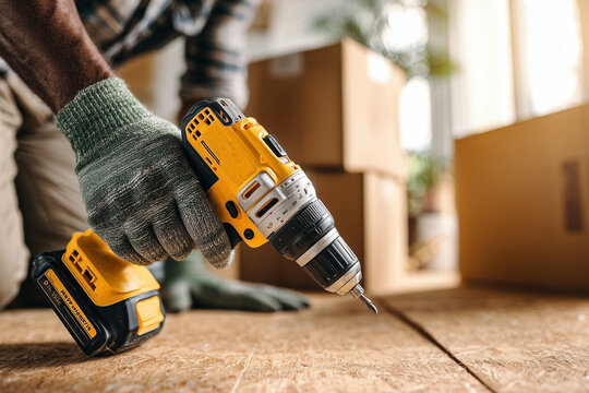 A photo of an African American man wearing green and black work gloves, using a drill to carry out floor panel installation in a new home