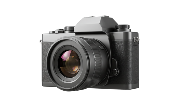 Sophisticated Digital Camera: A sleek, modern digital camera, showcasing its advanced lens and body design against a neutral backdrop, representing the forefront of photography technology.