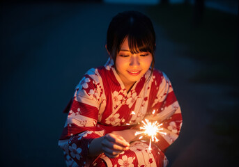 夏の夜、笑顔で手持ち花火を見つめる赤と白の花柄浴衣の女性（正面向き）