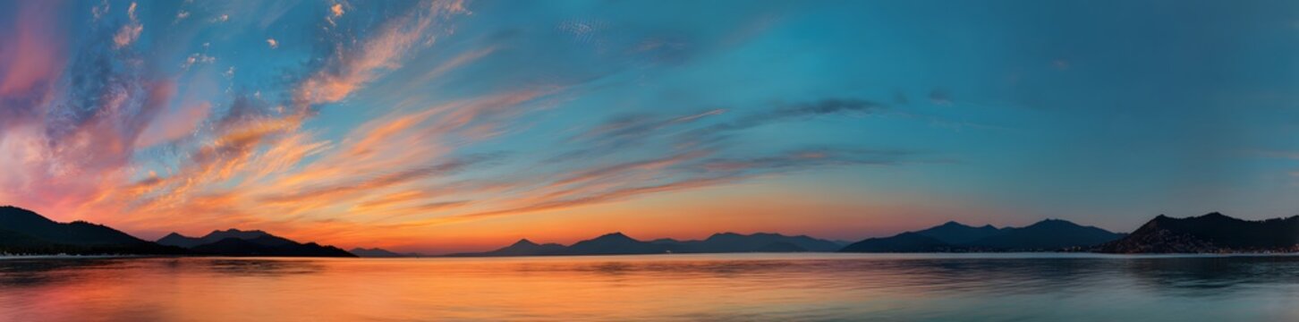 8k Panoramic view of a colorful sunset over the sea with mountains in Thailand, banner 