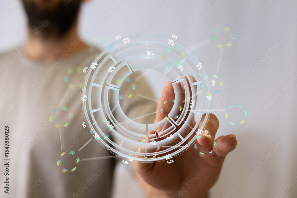 Poster A man interacts with a transparent holographic display showing data analytics and percentages.