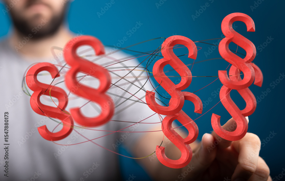 Poster abstract image of interconnected red paragraph symbols, representing legal concepts and complexity.