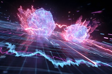 A high-energy 3D rendering of glowing, fractured orbs emitting lightning and fiery bursts above abstract financial graphs and data grids. volatile markets, disruptive technologies