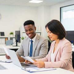 Obraz premium Collaboration and Professionalism: Two businesspeople, immersed in focused collaboration, review documents and strategize, exemplifying professional teamwork in a modern workplace.