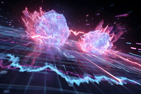A high-energy 3D rendering of glowing, fractured orbs emitting lightning and fiery bursts above abstract financial graphs and data grids. volatile markets, disruptive technologies