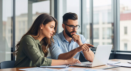 Business Partnership: Two professionals deep in discussion at a modern office, focused on a laptop and sharing ideas, representing a harmonious, collaborative business environment.