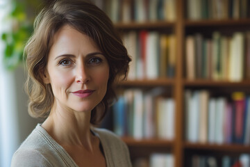 Graceful Mature Woman with Subtle Makeup and a Calm Expression, Standing in a Well-Lit Room Surrounded by Books.