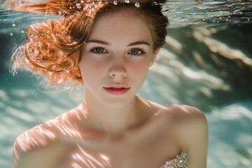 Graceful Underwater Fashion Shoot Featuring a Woman in a Sparkling Strapless Dress Floating Amid Gentle Ripples and Ethereal Glow.