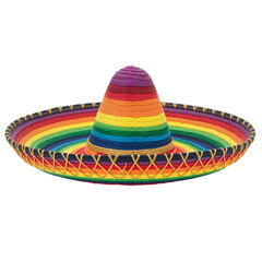 Colorful Sombrero with Rainbow Stripes and Festive Details Against White Background