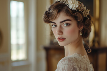 Graceful Vintage Fashion Model with Lace Dress and Soft Curled Hair Wearing Classic Hair Accessories in an Antique Room Setting.