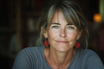 Close-up of a blue-eyed woman in gray knitwear with gentle expression and warm indoor glow