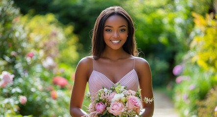 Graceful Woman Wearing a Blush Pink Bridesmaid Gown Posing with Flowers on a Sunny Pathway in a Lush Outdoor Garden.