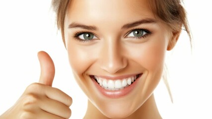 A joyful young woman with a bright smile gives a thumbs up while enjoying a sunny day. Her contagious positivity radiates as she connects with the viewer through her cheerful expression