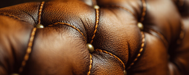 Obraz premium Close-up view of textured brown leather upholstery featuring intricate stitching and buttons on a contemporary furniture piece
