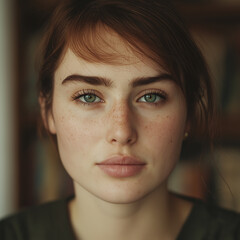 Natural beauty portrait of a girl with clear skin and intense gaze
