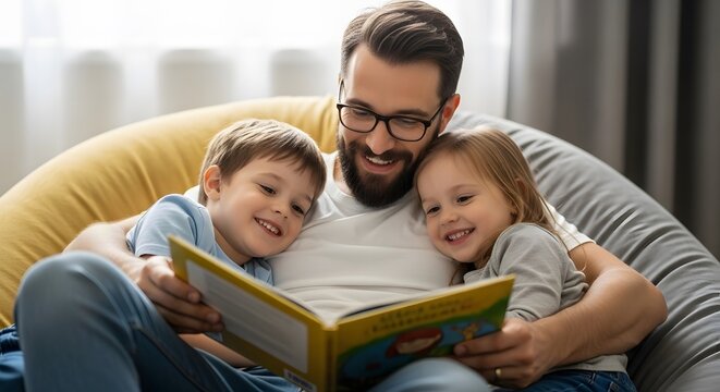 Father reading storybook to children at home family time bonding happy kids love parenting together dad father's day