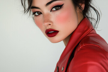 High Fashion Beauty Shot Featuring a Glamorous Model in Vibrant Red Leather Outerwear with Dramatic Makeup Against Clean White Studio Backdrop.