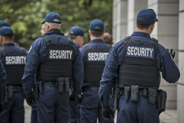 homeland security personnel coordinating building access control during civil gathering