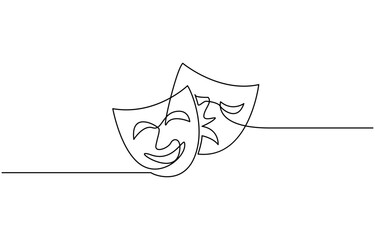 Greek mask one line drawing, opera event symbols continuous hand drawn, mask one line vector isolated design element, opera event symbols continuous hand drawn.
