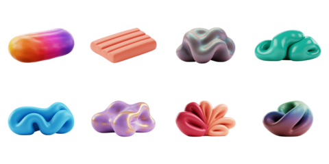 Sculpted Shapes: A collection of eight vibrant, abstract sculptures, each a unique expression of form and color, offering endless possibilities for creativity and inspiration.