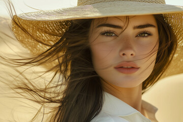 High Fashion Desert Shoot Featuring a Trendy Model in Earth-Toned Apparel and Wide-Brimmed Hat with Windswept Hair and Sand Dune Scenery.