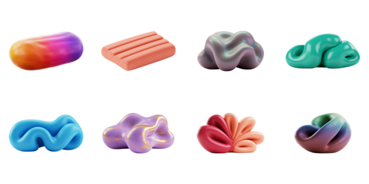 Sculpted Shapes: A collection of eight vibrant, abstract sculptures, each a unique expression of form and color, offering endless possibilities for creativity and inspiration.