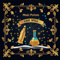 A love potion with a magic book. Fantasy Alchemy.
 Enchanted Elixir. Golden bottles with a love potion. Mystical scene with magic book. Fantasy love potion with book and lights. Concept art.