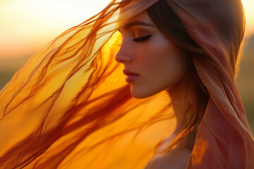 High Fashion Desert Photoshoot Featuring a Glamorous Model in Flowing Fabrics with Sun-Kissed Skin and Sunset Backdrop.