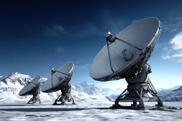 A large white satellite dish array on a remote mountain, receiving and transmitting signals.