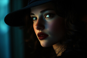 High-Contrast Emotional Portrait of a Model in Low-Key Lighting with a Dreamy, Film Noir-Inspired Backdrop.