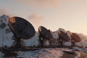 A satellite dish array positioned on a remote mountain under a clear sky, sending signals into the atmosphere.