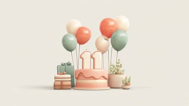 Pastel birthday celebration with 11th cake, balloons, gifts, and plants